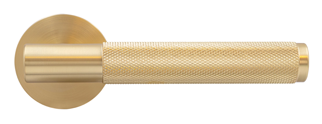 Ручка дверная AZRIELI MH-57-R6T MSG раздельная на круглой розетке, цвет матовый сатинированный золото, ЦАМ фото купить в Калининграде