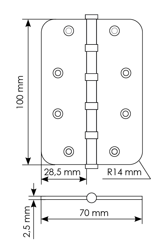 Петля стальная MSN-C 100X70X2.5-4BB SG скругленная универсальная с подшипником, вес полотна до 40 кг, цвет матовое золото фото купить в Калининграде