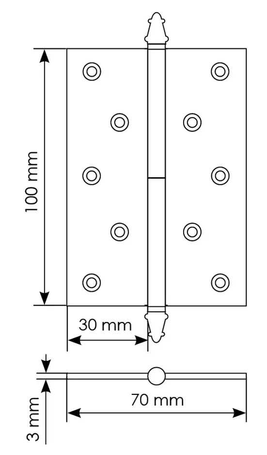 Петля разъемная латунная карточная  MB 100X70X3 SC R C с коронкой правая, врезная, цвет матовый хром фото купить в Калининграде